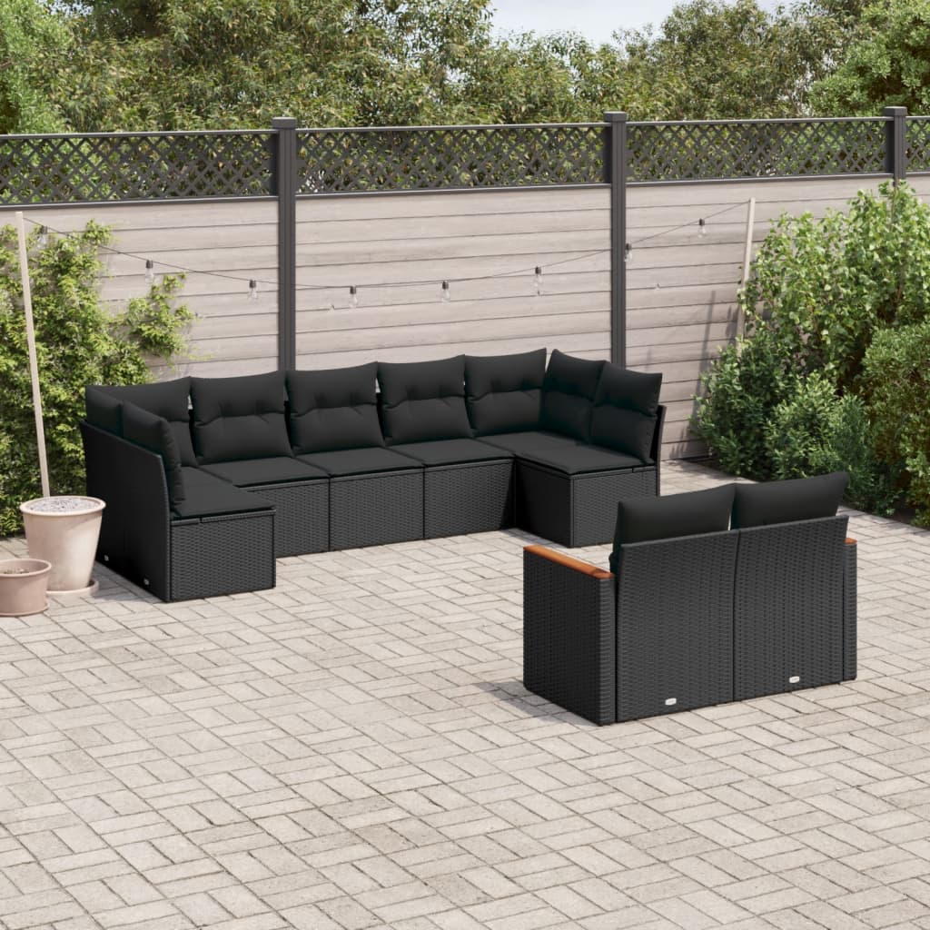 9-tlg. Garten-Sofagarnitur mit Kissen Schwarz Poly Rattan 9-tlg. Garten-Sofagarnitur mit Kissen Schwarz Poly Rattan