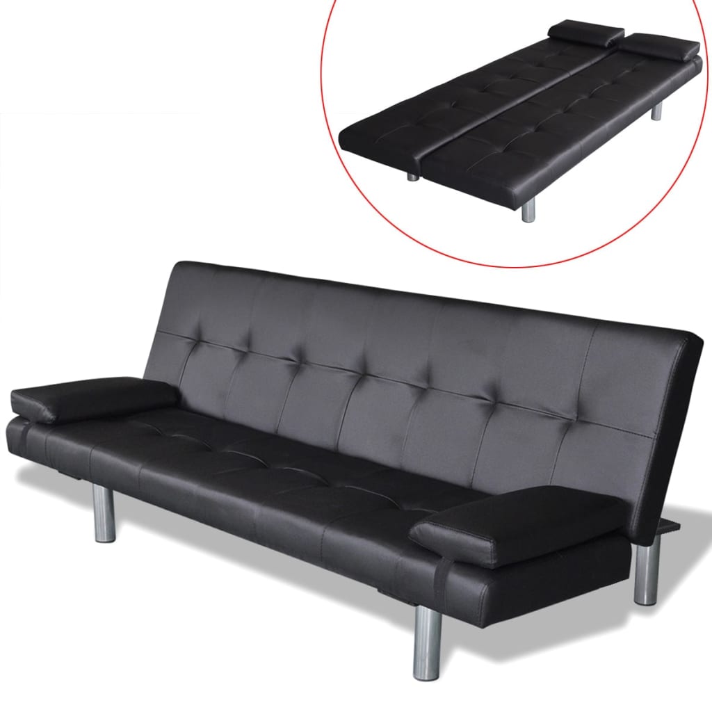 Schlafsofa mit 2 Kissen Kunstleder Ausziehbar Schwarz Schlafsofa mit 2 Kissen Kunstleder Ausziehbar Schwarz
