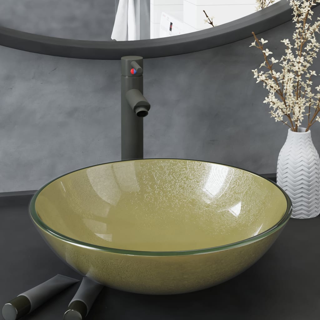 Badezimmer Waschbecken mit Wasserhahn und Ablaufgarnitur Gold gehärtetes Glas Badezimmer Waschbecken mit Wasserhahn und Ablaufgarnitur Gold gehärtetes Glas