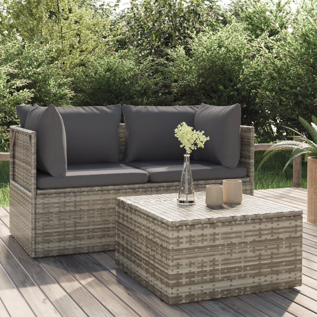 3-tlg. Garten-Lounge-Set mit Kissen Grau Poly Rattan 3-tlg. Garten-Lounge-Set mit Kissen Grau Poly Rattan