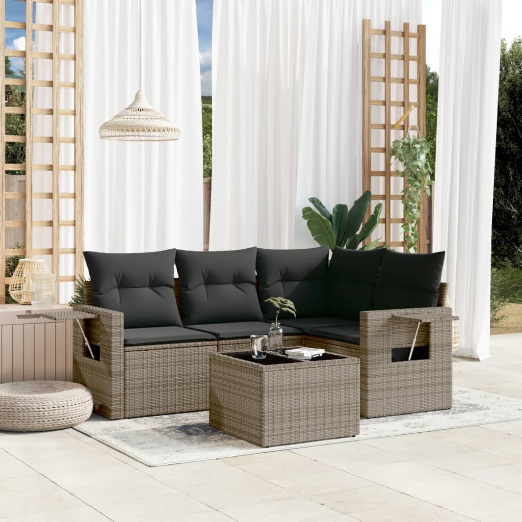 5-tlg. Garten-Sofagarnitur mit Kissen Grau Poly Rattan 5-tlg. Garten-Sofagarnitur mit Kissen Grau Poly Rattan