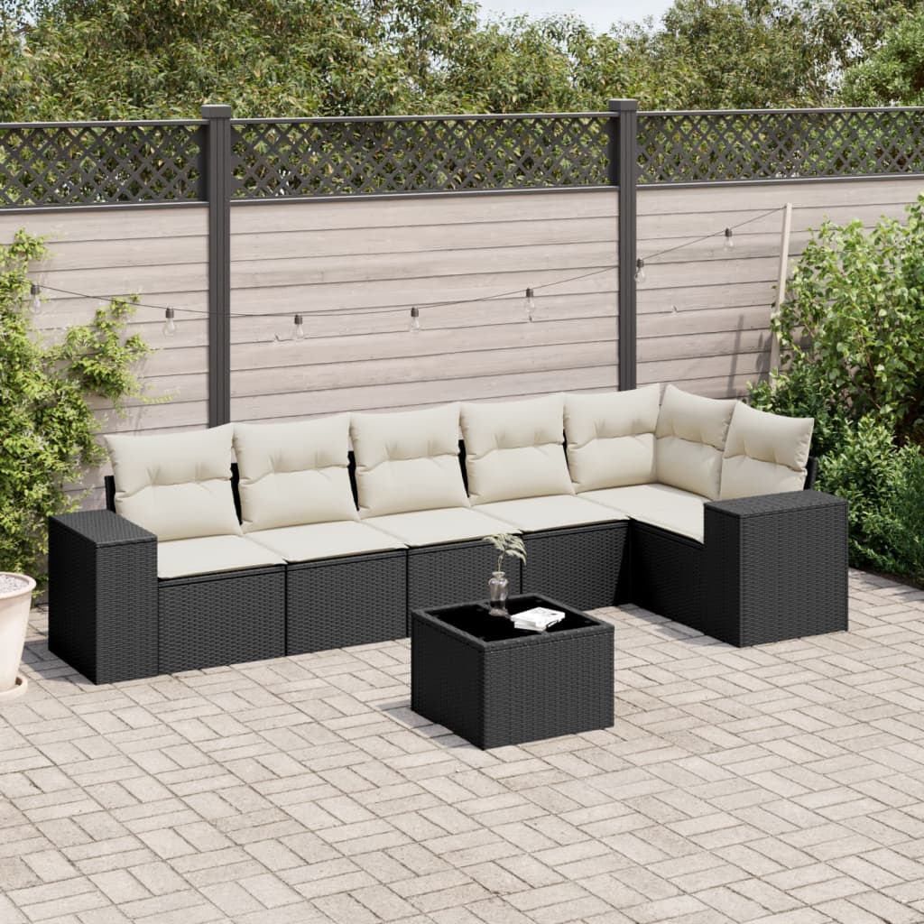 7-tlg. Garten-Sofagarnitur mit Kissen Schwarz Poly Rattan 7-tlg. Garten-Sofagarnitur mit Kissen Schwarz Poly Rattan