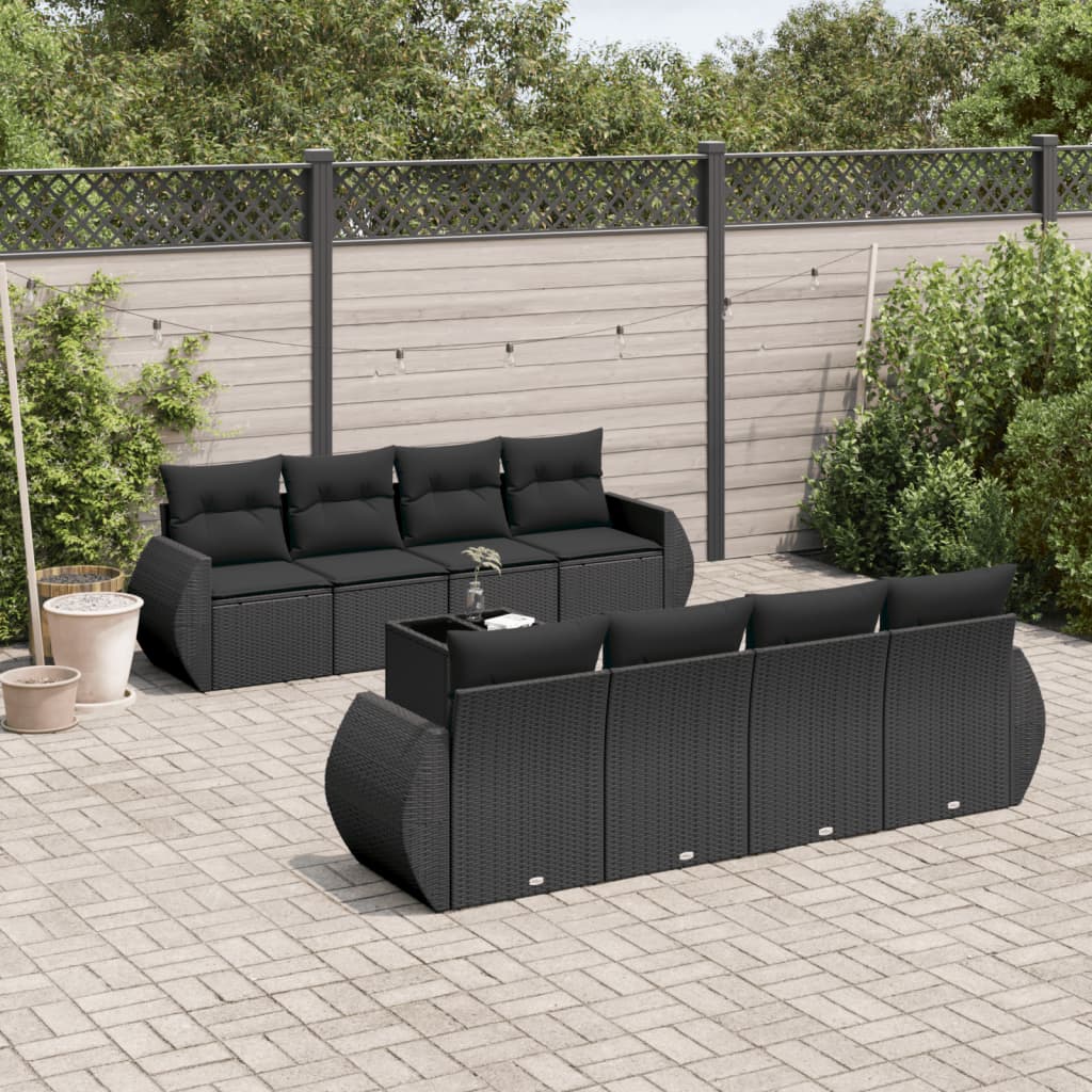 9-tlg. Garten-Sofagarnitur mit Kissen Schwarz Poly Rattan 9-tlg. Garten-Sofagarnitur mit Kissen Schwarz Poly Rattan