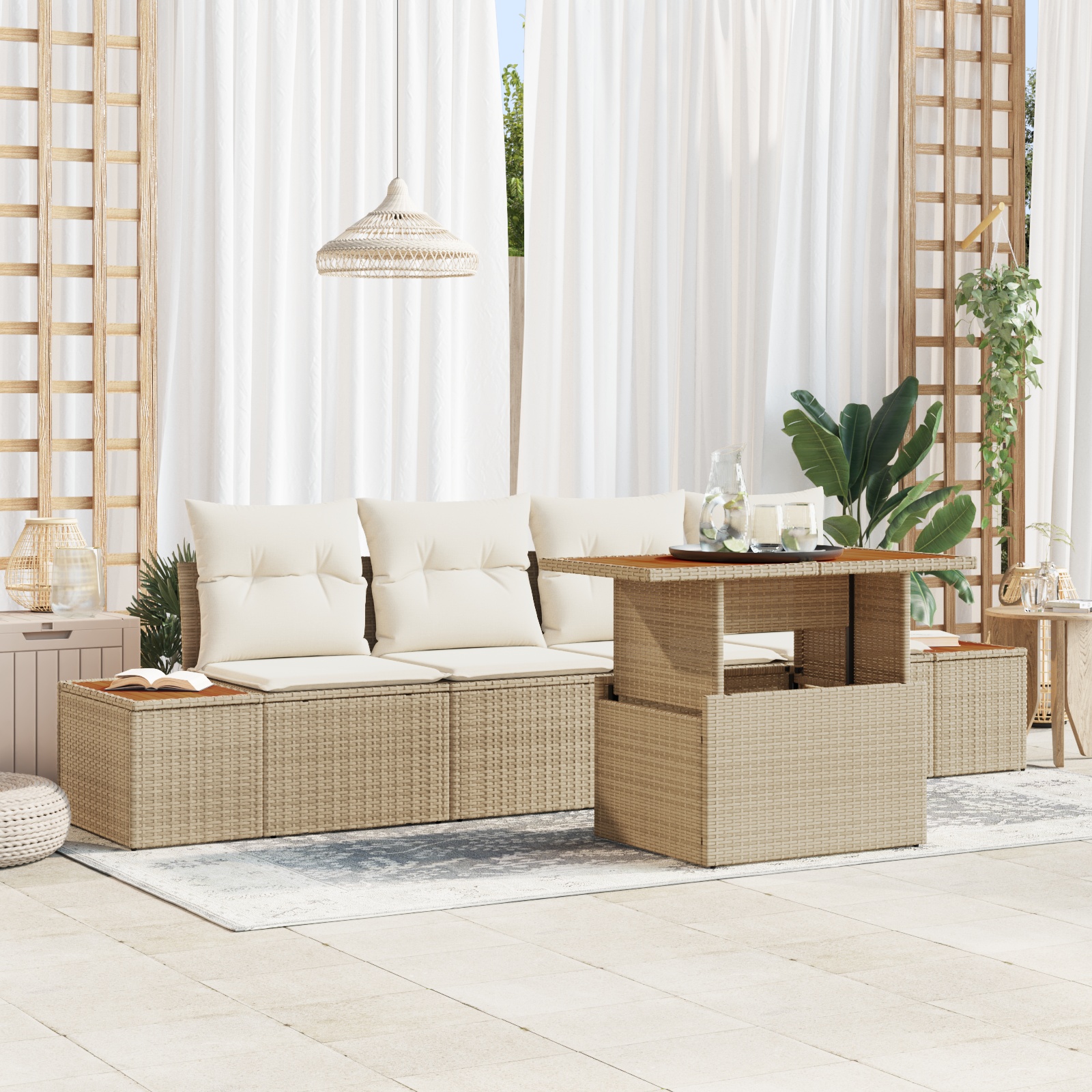 5-teiliges Garten-Sofa-Set mit Kissen Beige Poly Rattan 5-teiliges Garten-Sofa-Set mit Kissen Beige Poly Rattan