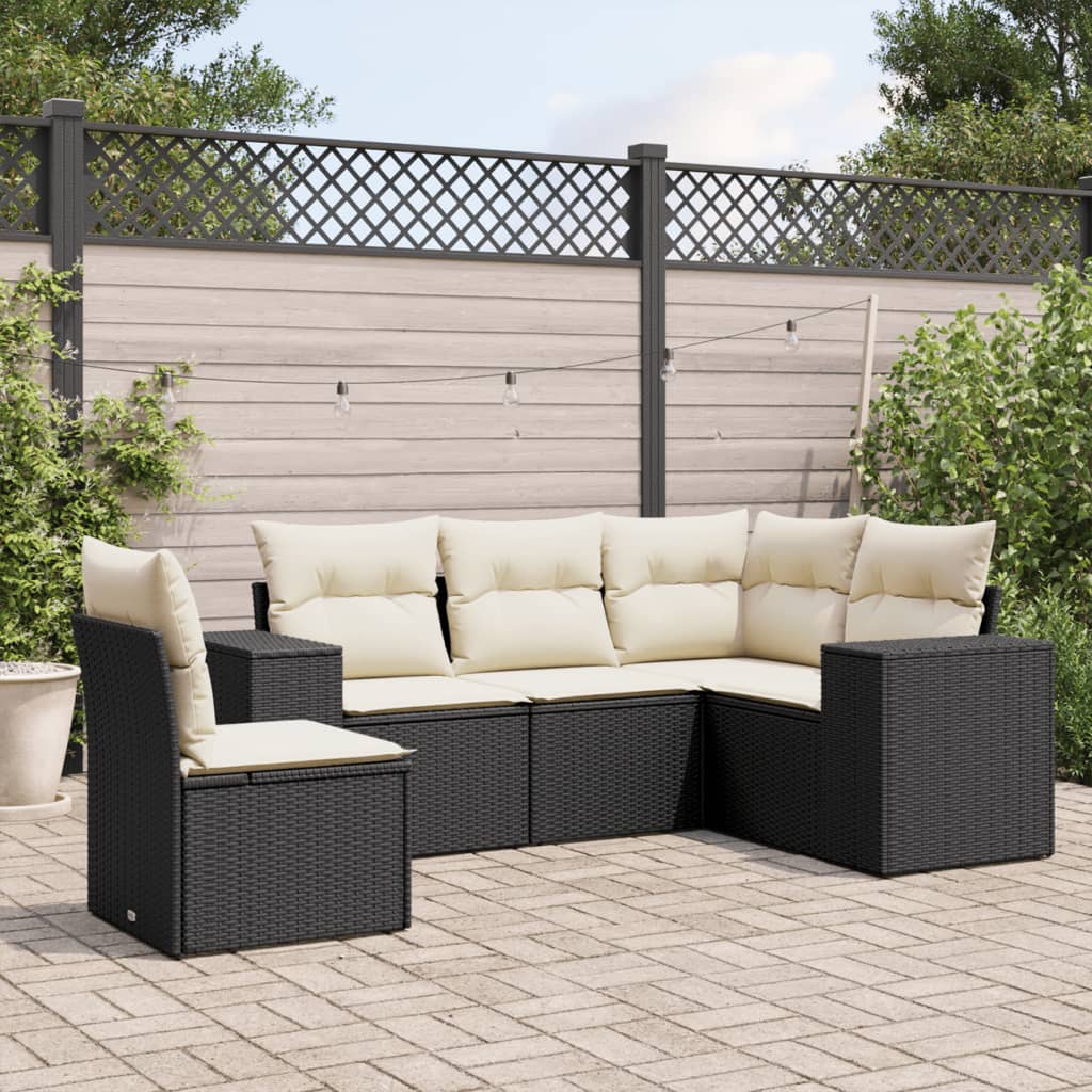 5-tlg. Garten-Sofagarnitur mit Kissen Schwarz Poly Rattan 5-tlg. Garten-Sofagarnitur mit Kissen Schwarz Poly Rattan