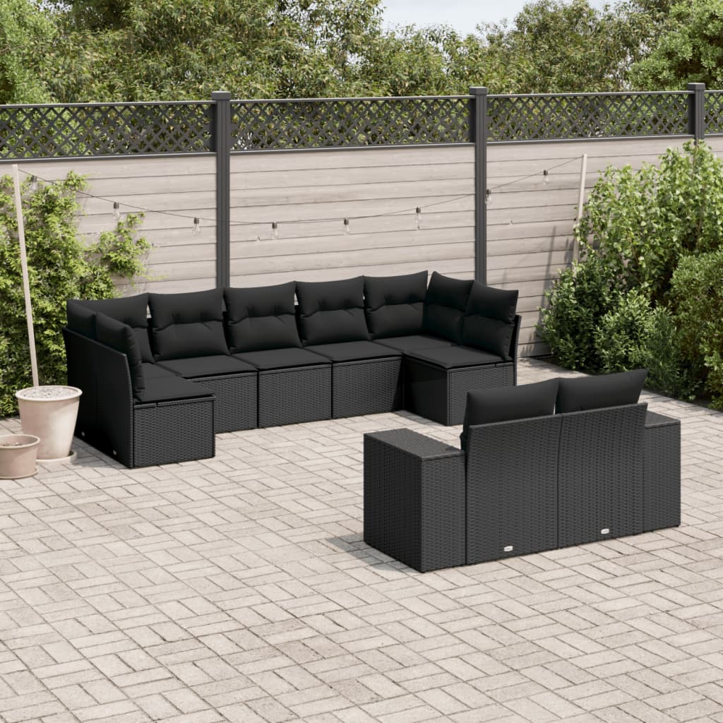 9-tlg. Garten-Sofagarnitur mit Kissen Schwarz Poly Rattan 9-tlg. Garten-Sofagarnitur mit Kissen Schwarz Poly Rattan
