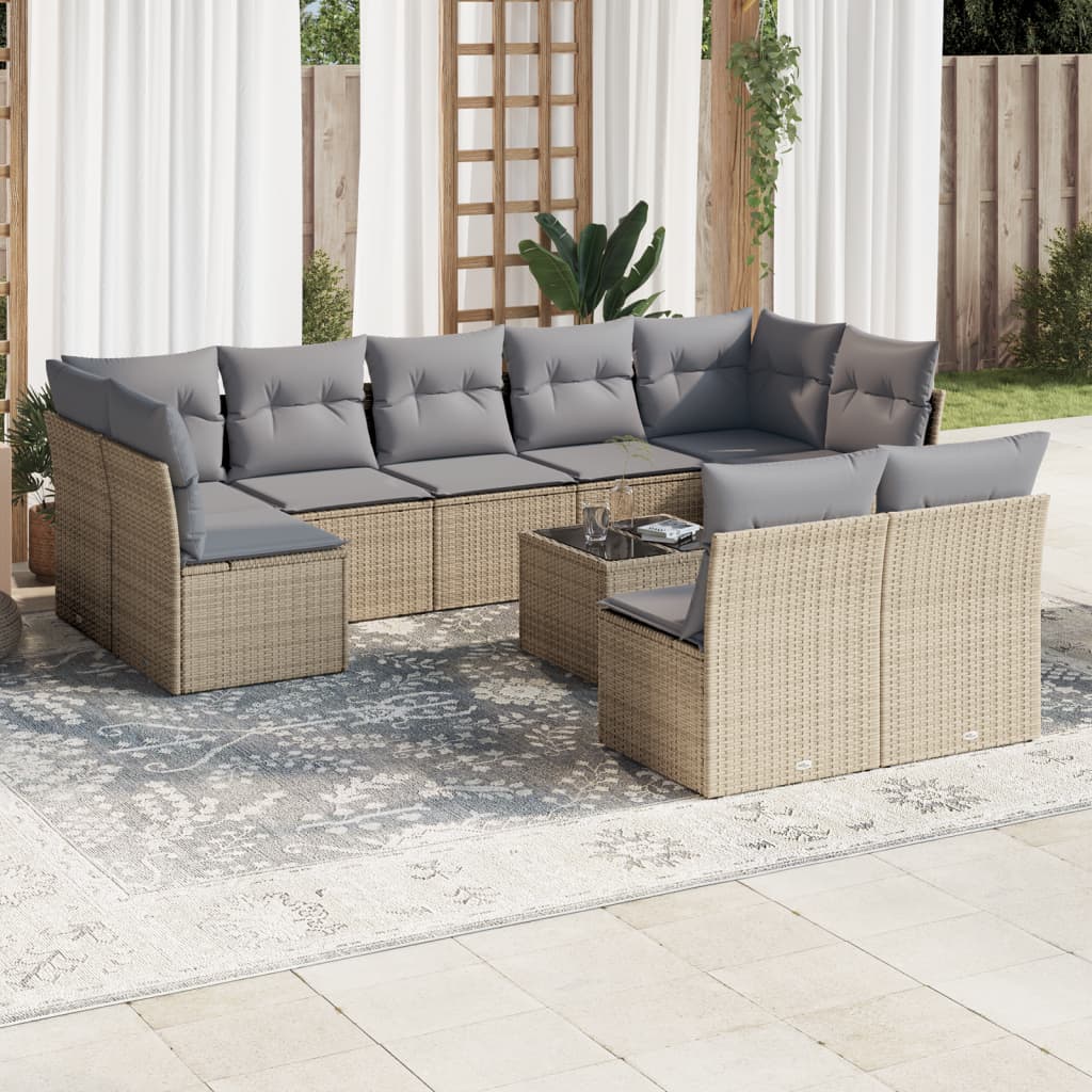 10-tlg. Garten-Sofagarnitur mit Kissen Beige Poly Rattan 10-tlg. Garten-Sofagarnitur mit Kissen Beige Poly Rattan