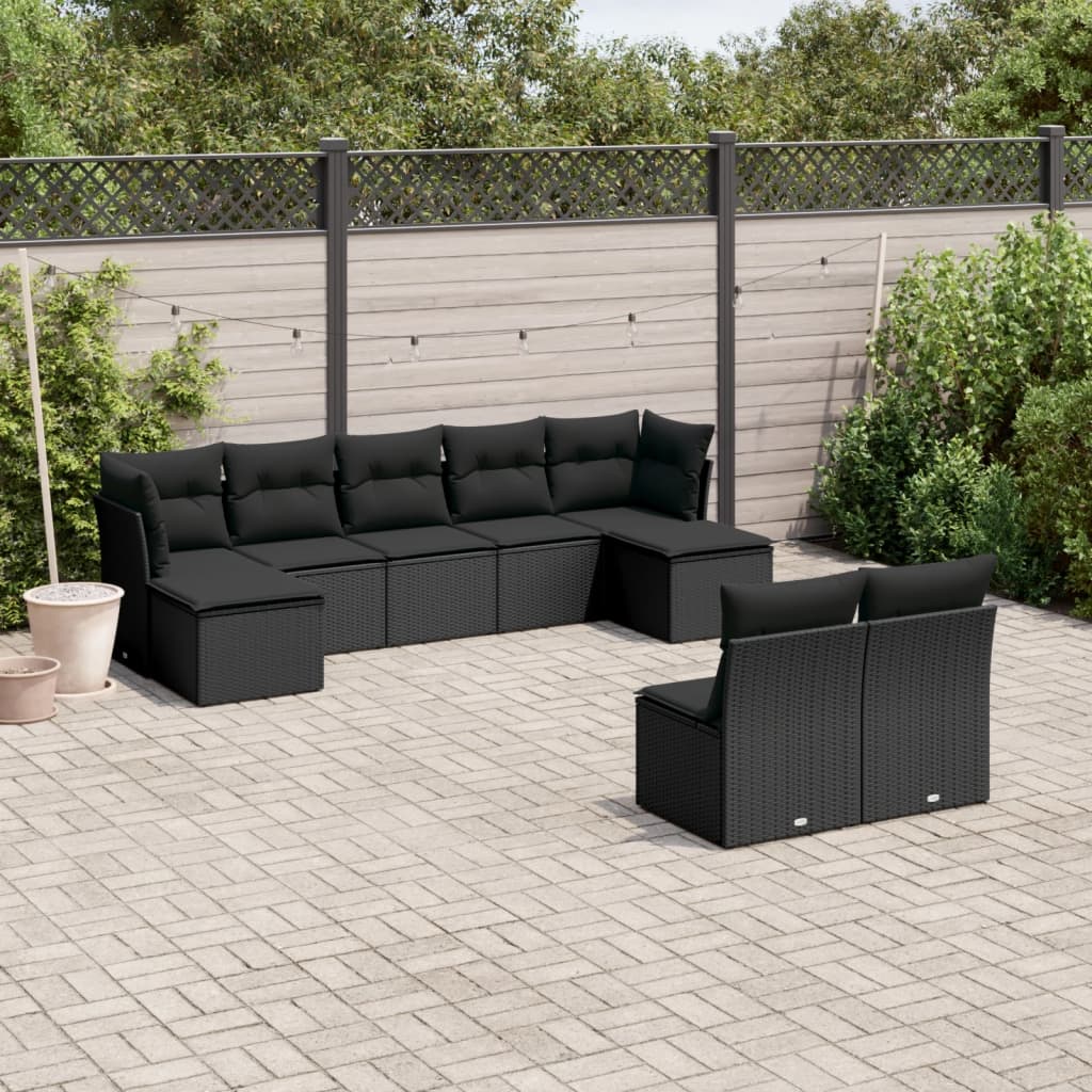 9-tlg. Garten-Sofagarnitur mit Kissen Schwarz Poly Rattan 9-tlg. Garten-Sofagarnitur mit Kissen Schwarz Poly Rattan