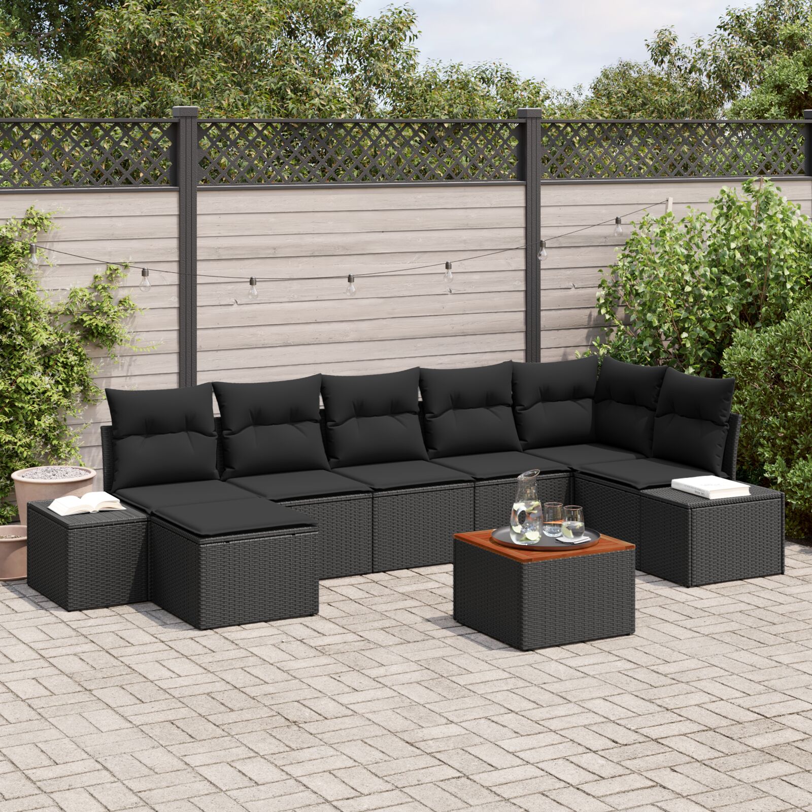Garten Sofaset 8 Teile Schwarz Rattan und Holz Geräumig