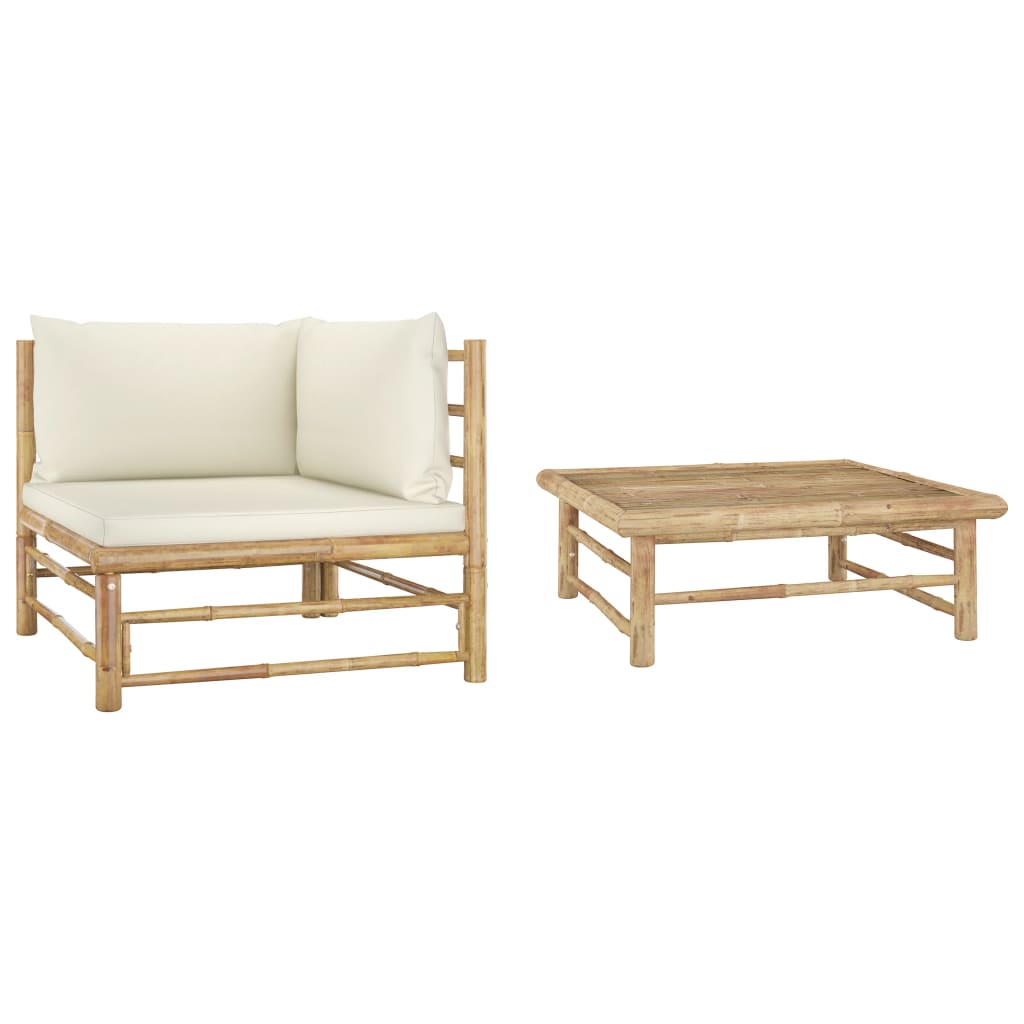 2-tlg. Garten-Lounge-Set mit Kissen Cremeweiß Bambus 2-tlg. Garten-Lounge-Set mit Kissen Cremeweiß Bambus
