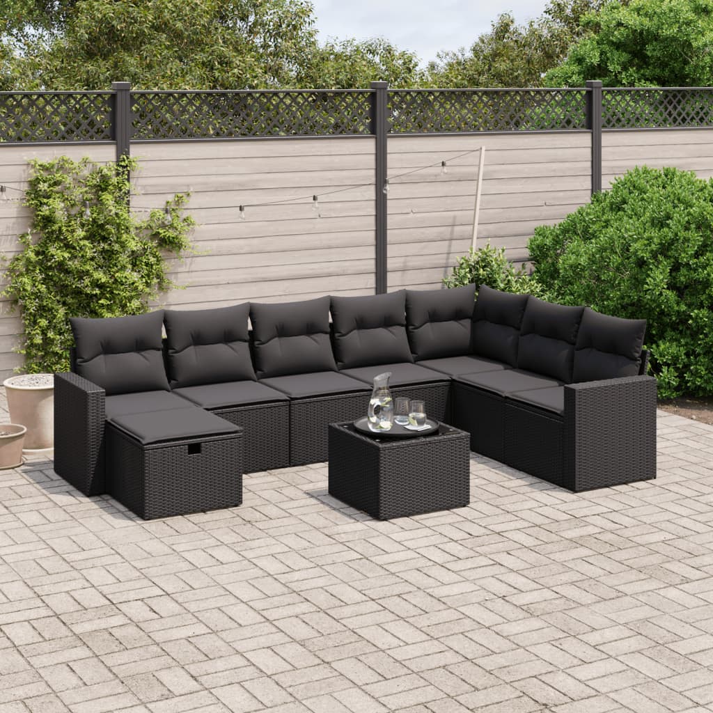 9-tlg. Garten-Sofagarnitur mit Kissen Schwarz Poly Rattan 9-tlg. Garten-Sofagarnitur mit Kissen Schwarz Poly Rattan