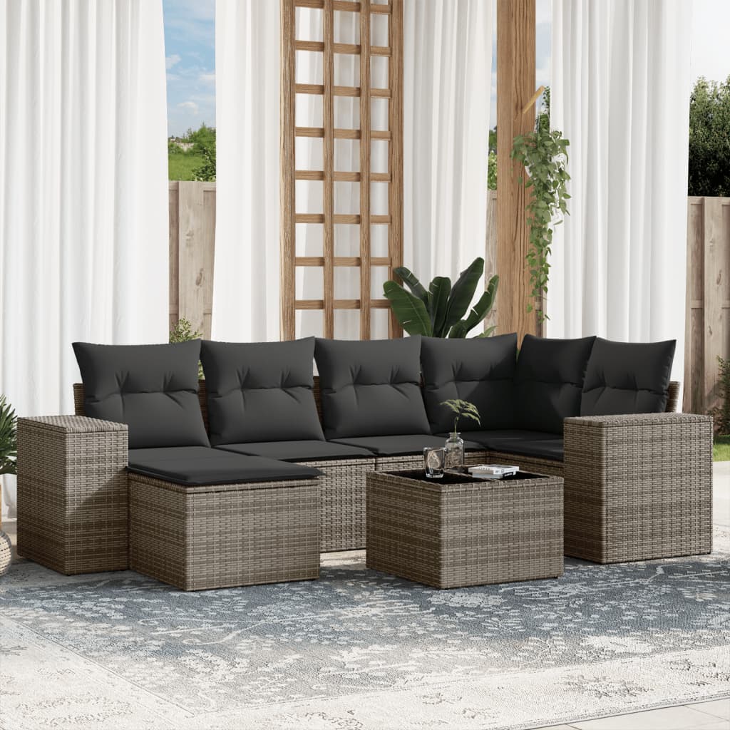 7-tlg. Garten-Sofagarnitur mit Kissen Grau Poly Rattan