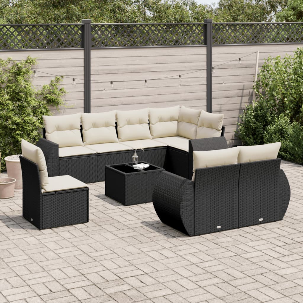 9-tlg. Garten-Sofagarnitur mit Kissen Schwarz Poly Rattan 9-tlg. Garten-Sofagarnitur mit Kissen Schwarz Poly Rattan
