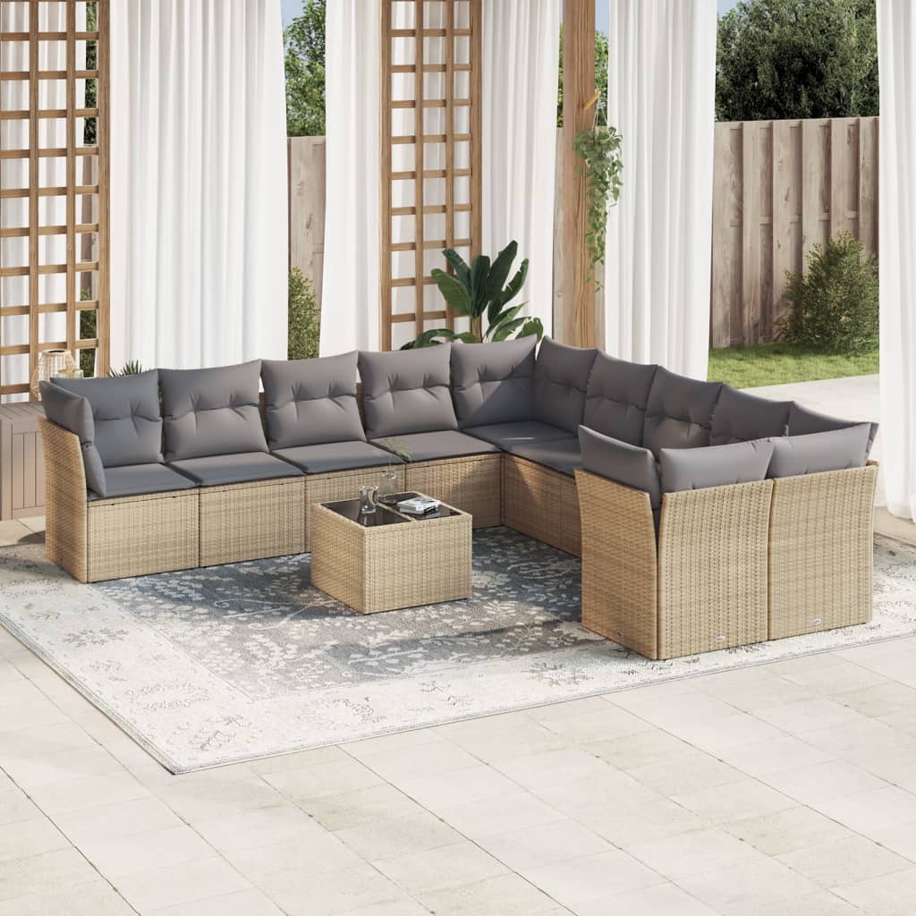 11-tlg. Garten-Sofagarnitur mit Kissen Beige Poly Rattan 11-tlg. Garten-Sofagarnitur mit Kissen Beige Poly Rattan