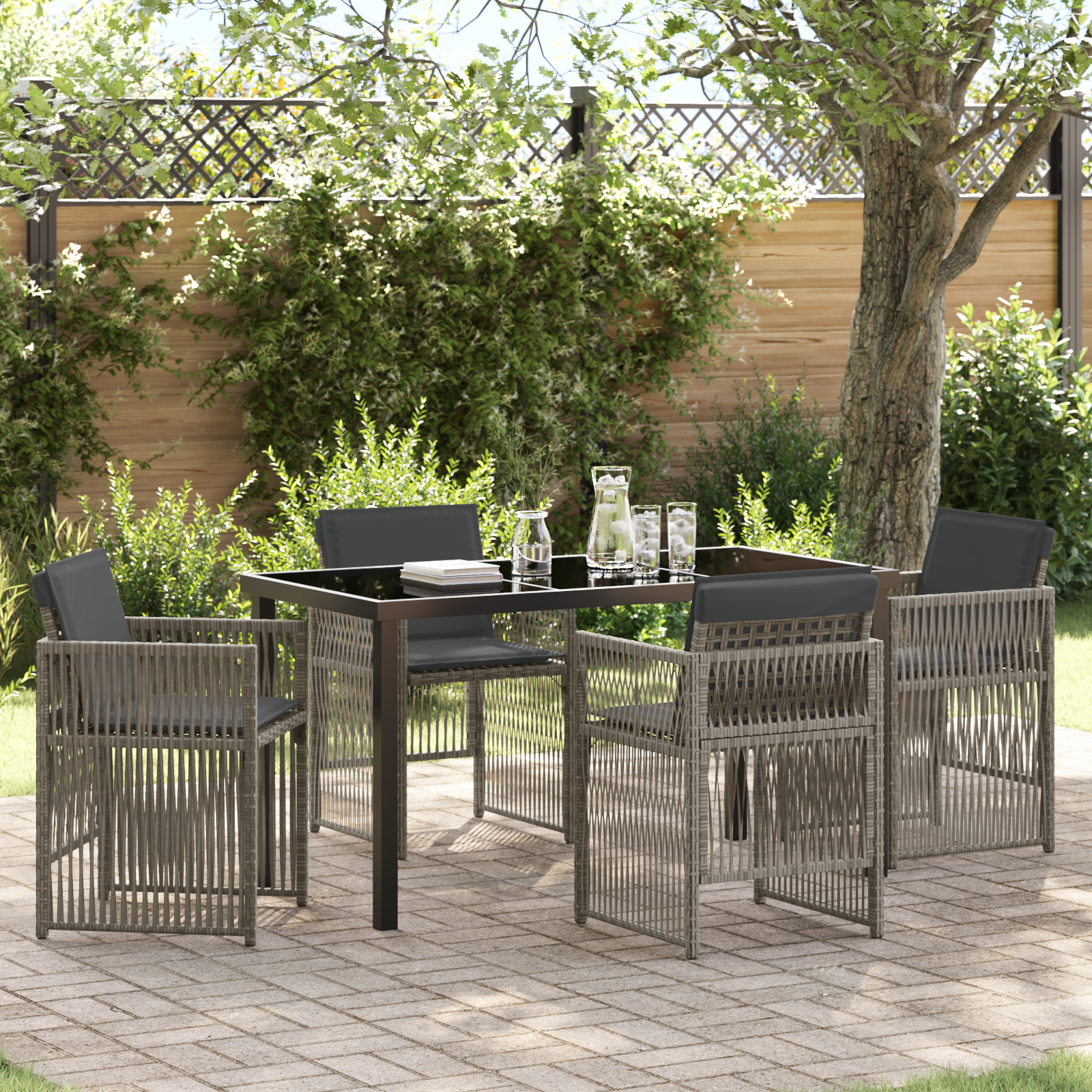 5-Teiliges Garten Esstisch Set mit Kissen Grau Poly Rattan 5-Teiliges Garten Esstisch Set mit Kissen Grau Poly Rattan