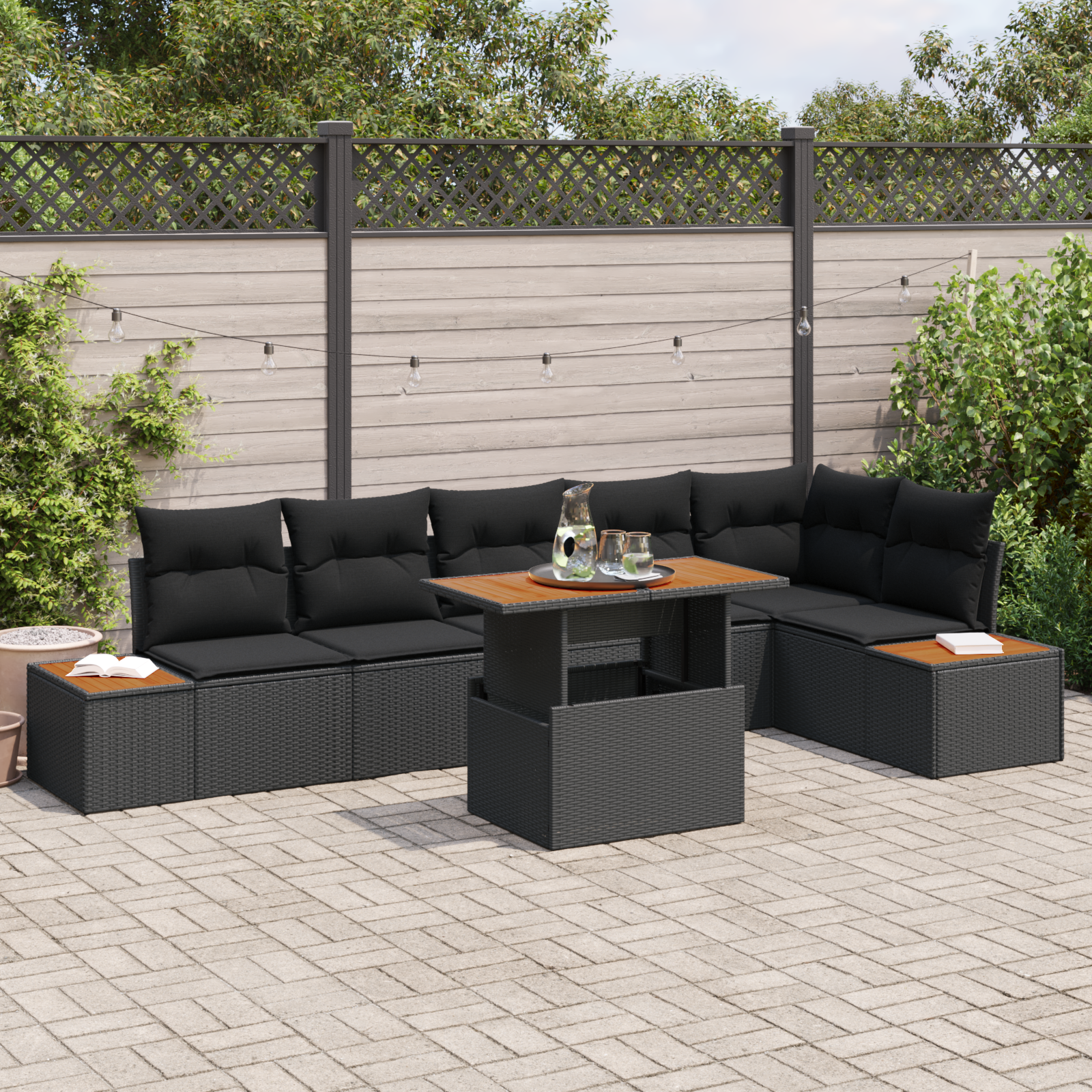 7-teiliges Garten Sofa Set mit Kissen Schwarz Poly Rattan 7-teiliges Garten Sofa Set mit Kissen Schwarz Poly Rattan