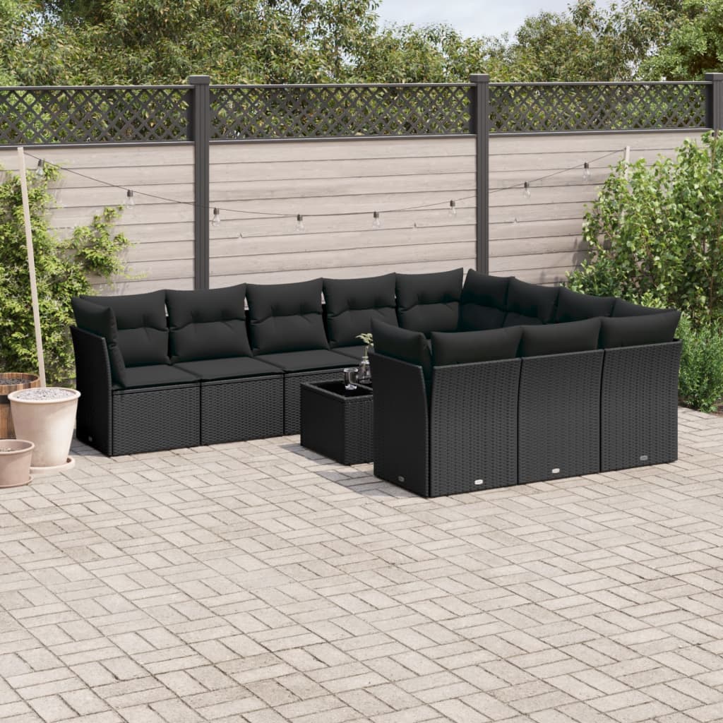 11-tlg. Garten-Sofagarnitur mit Kissen Schwarz Poly Rattan 11-tlg. Garten-Sofagarnitur mit Kissen Schwarz Poly Rattan