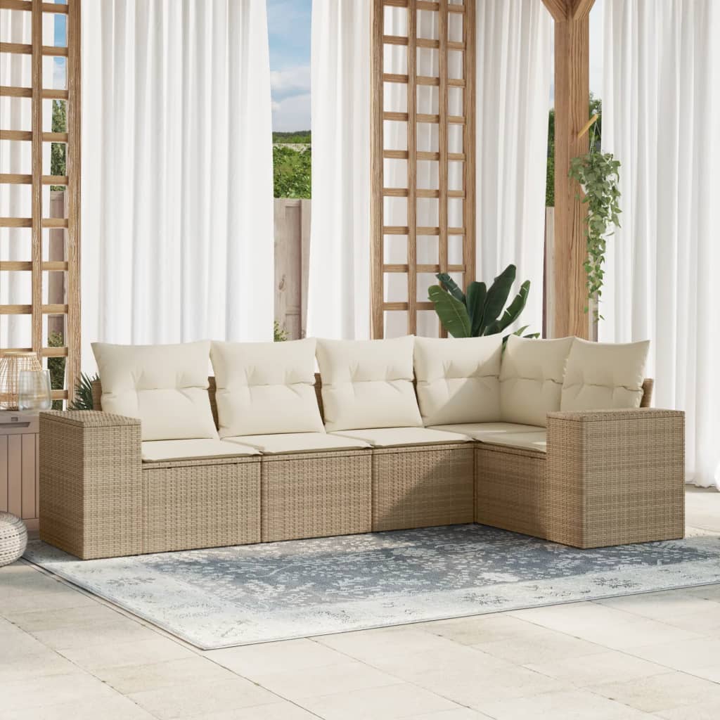 5-tlg. Garten-Sofagarnitur mit Kissen Beige Poly Rattan 5-tlg. Garten-Sofagarnitur mit Kissen Beige Poly Rattan
