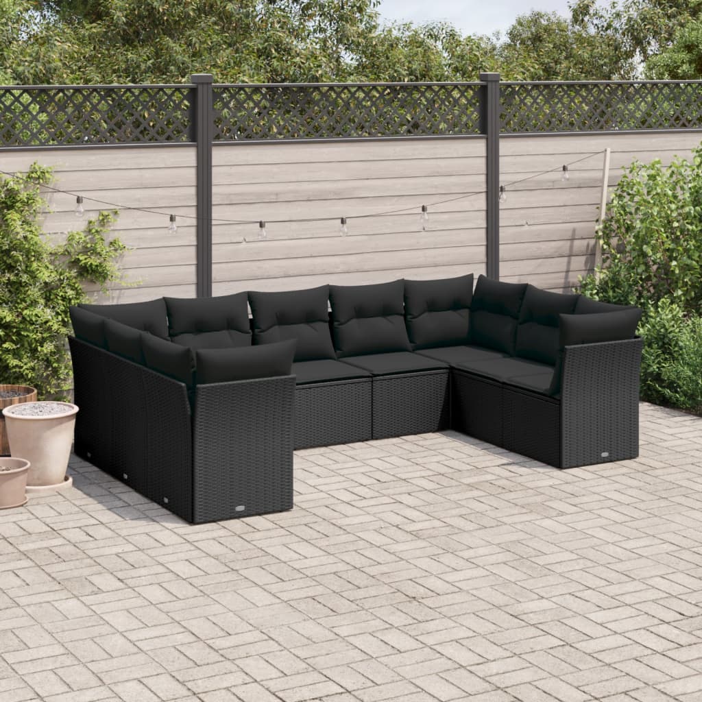 9-tlg. Garten-Sofagarnitur mit Kissen Schwarz Poly Rattan 9-tlg. Garten-Sofagarnitur mit Kissen Schwarz Poly Rattan