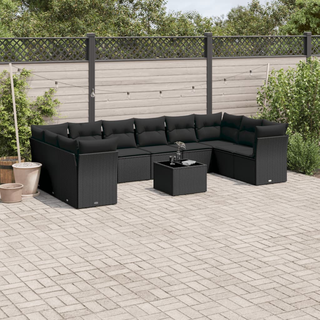 11-tlg. Garten-Sofagarnitur mit Kissen Schwarz Poly Rattan 11-tlg. Garten-Sofagarnitur mit Kissen Schwarz Poly Rattan