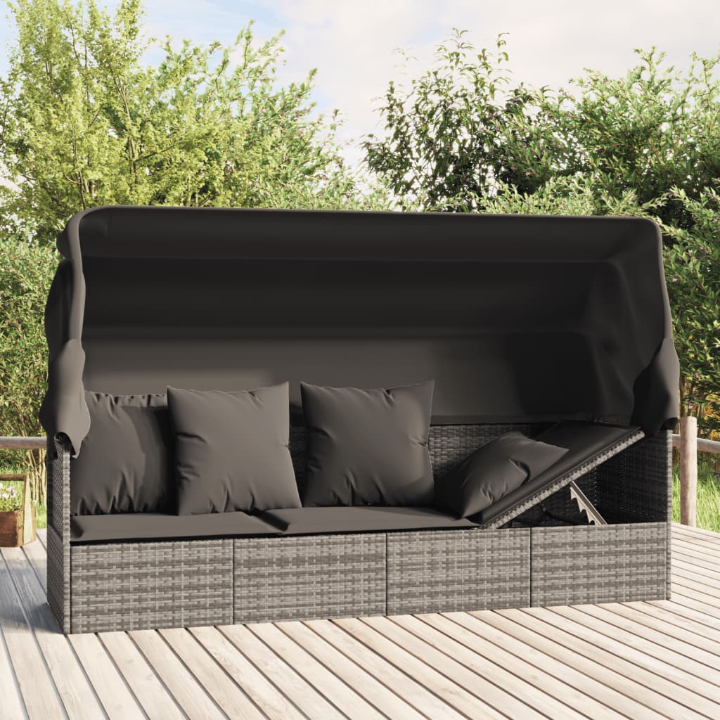 Outdoor-Loungebett mit Dach und Kissen Grau Poly Rattan Outdoor-Loungebett mit Dach und Kissen Grau Poly Rattan
