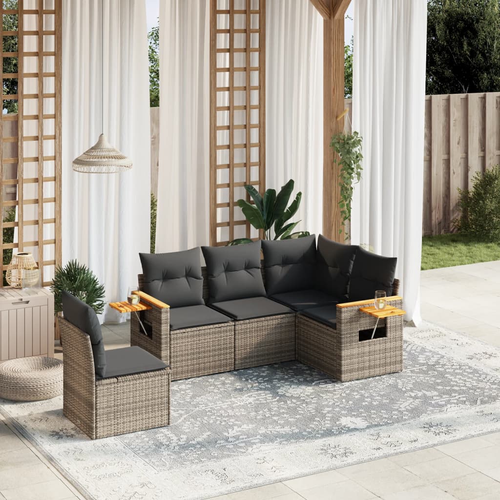 5-tlg. Garten-Sofagarnitur mit Kissen Grau Poly Rattan 5-tlg. Garten-Sofagarnitur mit Kissen Grau Poly Rattan