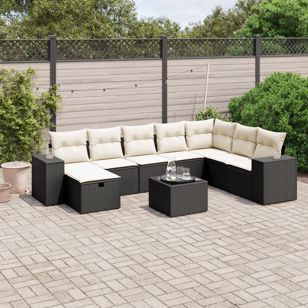 9-tlg. Garten-Sofagarnitur mit Kissen Schwarz Poly Rattan 9-tlg. Garten-Sofagarnitur mit Kissen Schwarz Poly Rattan