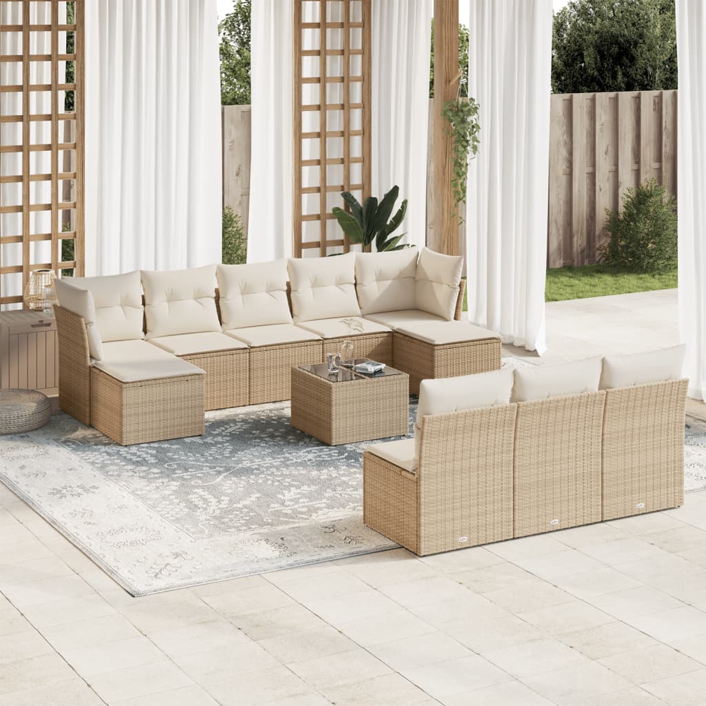 11-tlg. Garten-Sofagarnitur mit Kissen Beige Poly Rattan 11-tlg. Garten-Sofagarnitur mit Kissen Beige Poly Rattan
