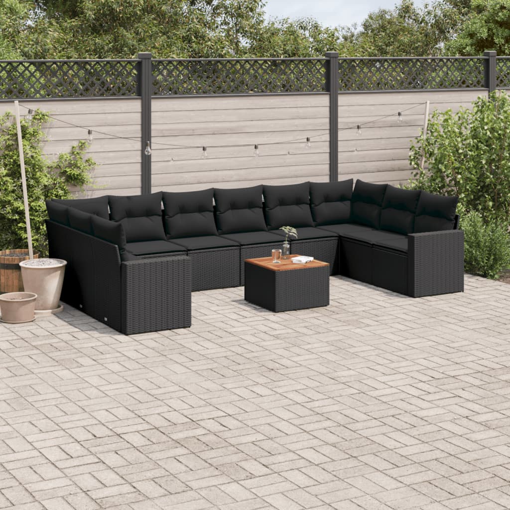 11-tlg. Garten-Sofagarnitur mit Kissen Schwarz Poly Rattan 11-tlg. Garten-Sofagarnitur mit Kissen Schwarz Poly Rattan