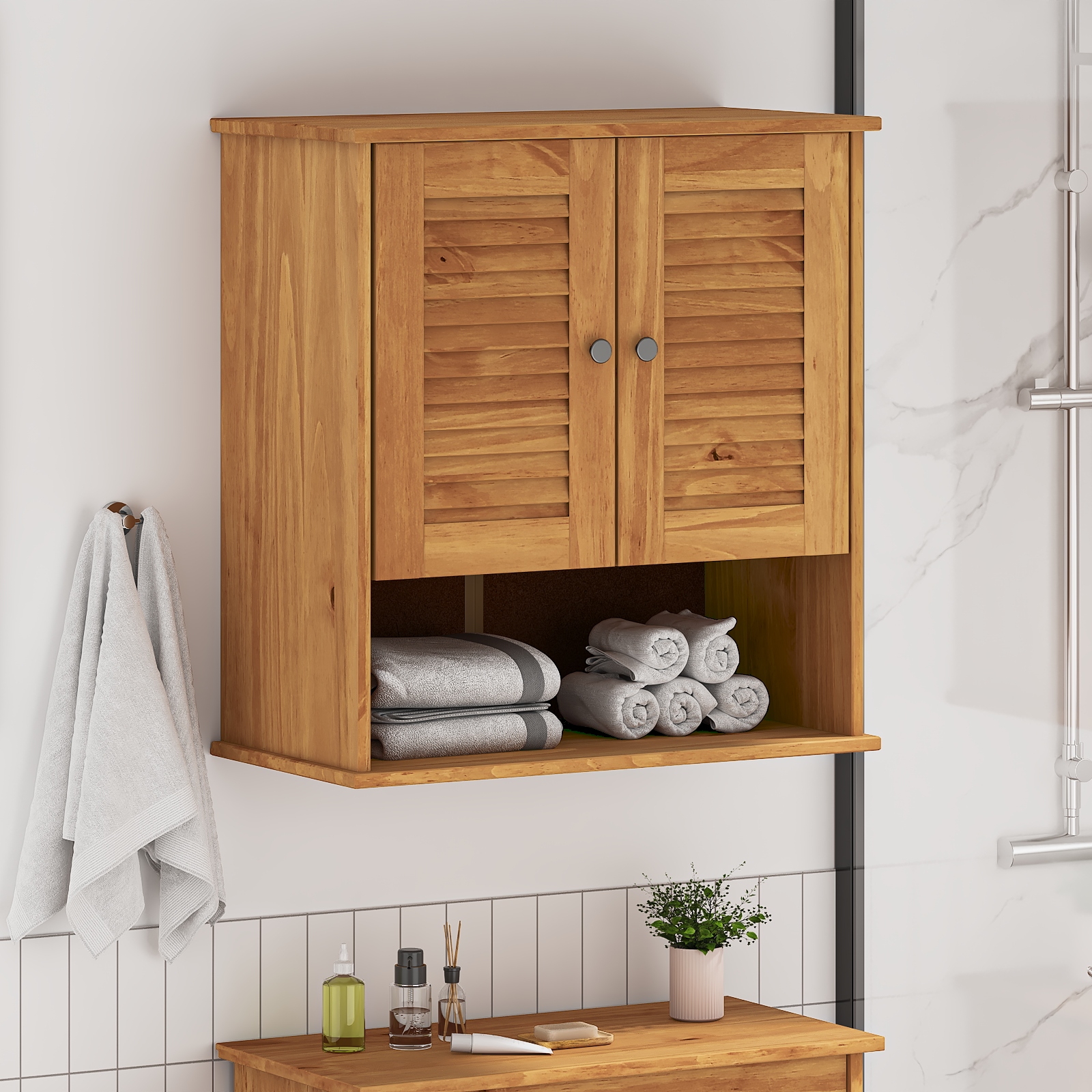 Wandmontierter Badezimmer-Schrank mit Speicher Honigbraun Wandmontierter Badezimmer-Schrank mit Speicher Honigbraun