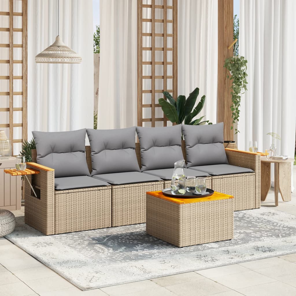 5-tlg. Garten-Sofagarnitur mit Kissen Beige Poly Rattan 5-tlg. Garten-Sofagarnitur mit Kissen Beige Poly Rattan