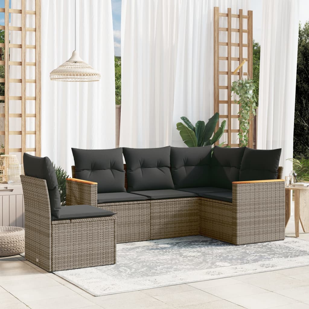 5-tlg. Garten-Sofagarnitur mit Kissen Grau Poly Rattan 5-tlg. Garten-Sofagarnitur mit Kissen Grau Poly Rattan