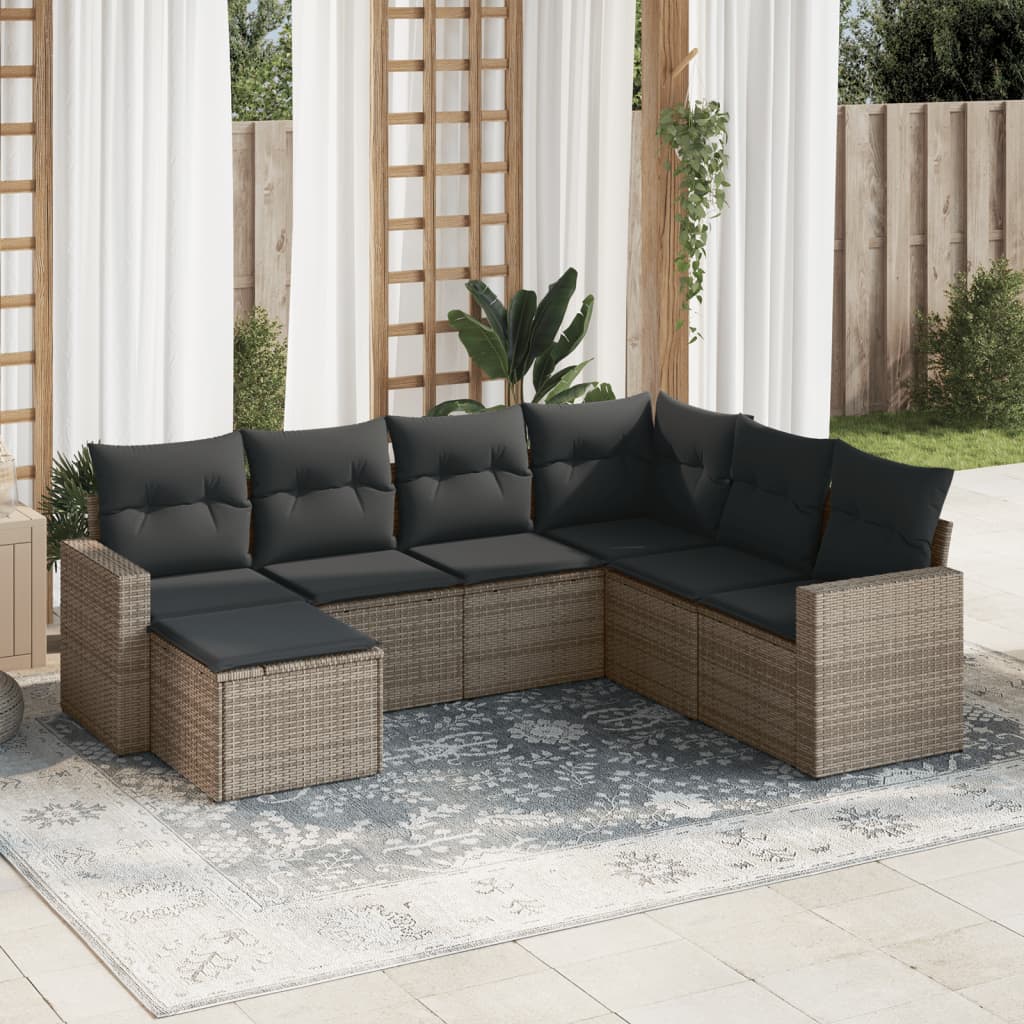 7-tlg. Garten-Sofagarnitur mit Kissen Grau Poly Rattan 7-tlg. Garten-Sofagarnitur mit Kissen Grau Poly Rattan