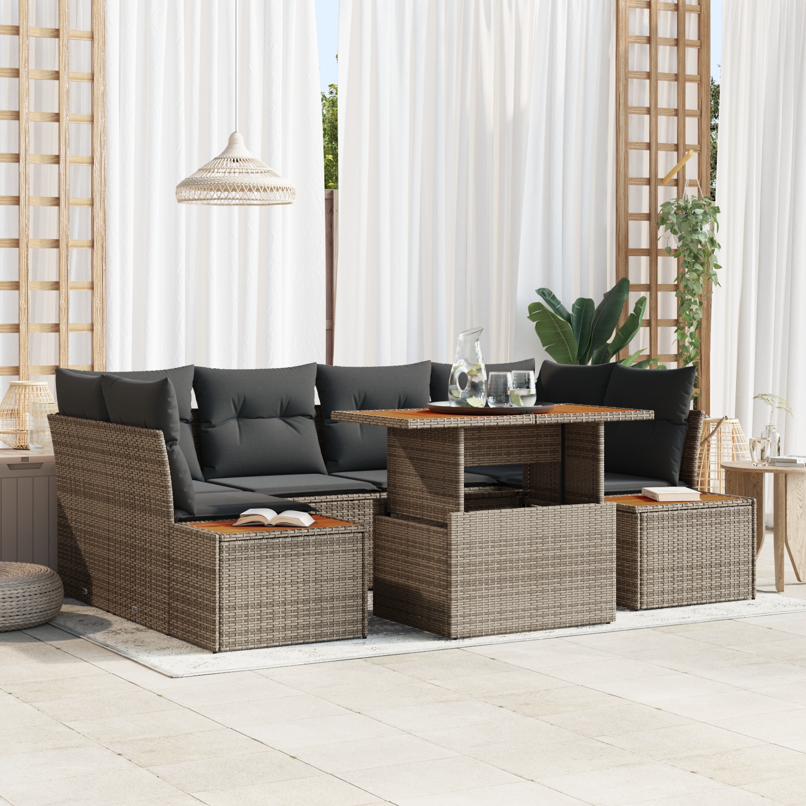 6-teiliges Garten Sofa Set mit Kissen Grau Poly Rattan 6-teiliges Garten Sofa Set mit Kissen Grau Poly Rattan
