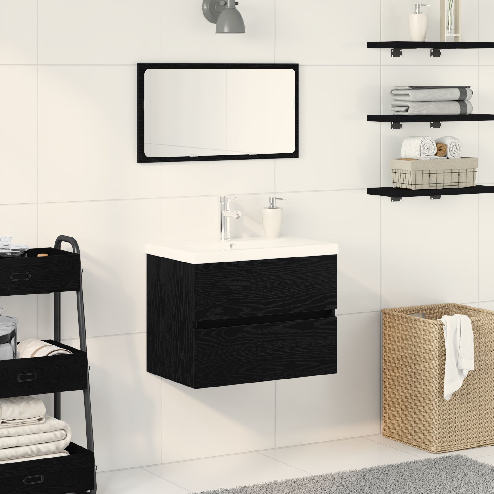 Waschbeckenunterschrank mit integriertem Becken Schwarze Eiche Holzwerkstoff, Waschbeckenunterschrank Schwarze Eiche 60x38,5x45 cm Holzwerkstoff