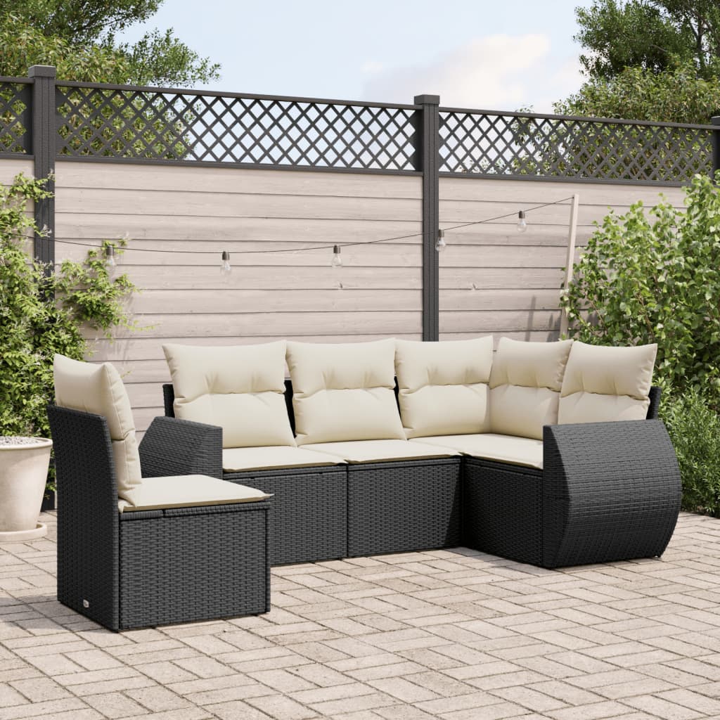 5-tlg. Garten-Sofagarnitur mit Kissen Schwarz Poly Rattan 5-tlg. Garten-Sofagarnitur mit Kissen Schwarz Poly Rattan