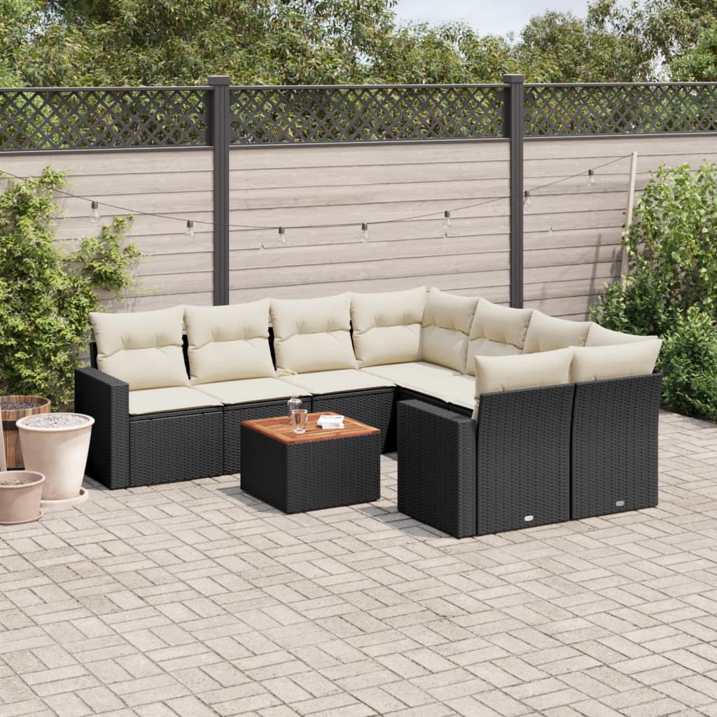 9-tlg. Garten-Sofagarnitur mit Kissen Schwarz Poly Rattan 9-tlg. Garten-Sofagarnitur mit Kissen Schwarz Poly Rattan