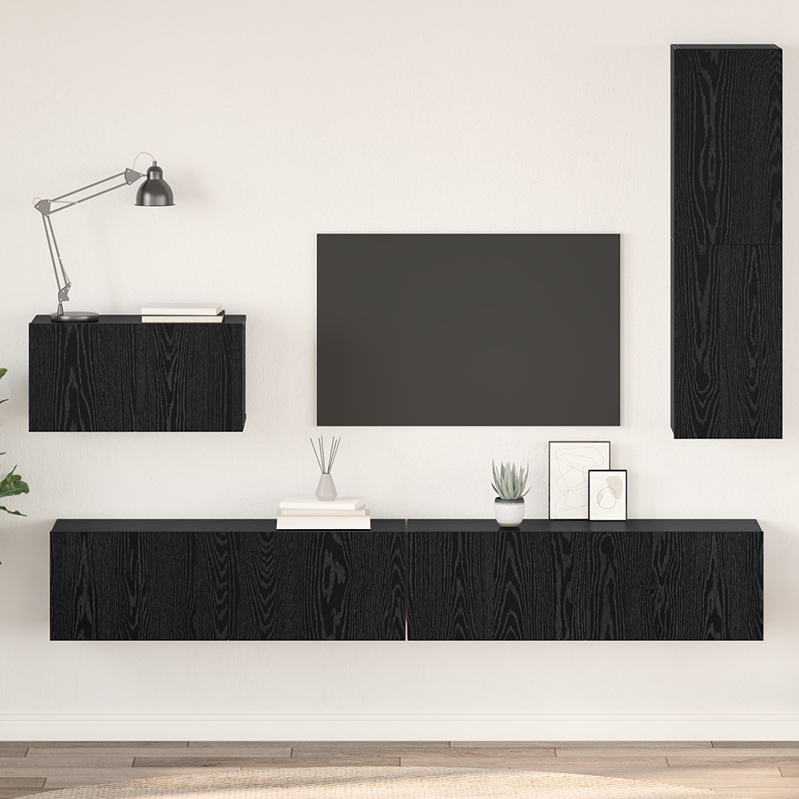 Wand TV Schrank mit Regal Sonstiges mit Speicher mit Tür 4 pcs Schwarz Eiche Wand TV Schrank mit Regal Sonstiges mit Speicher mit Tür 4 pcs Schwarz Eiche
