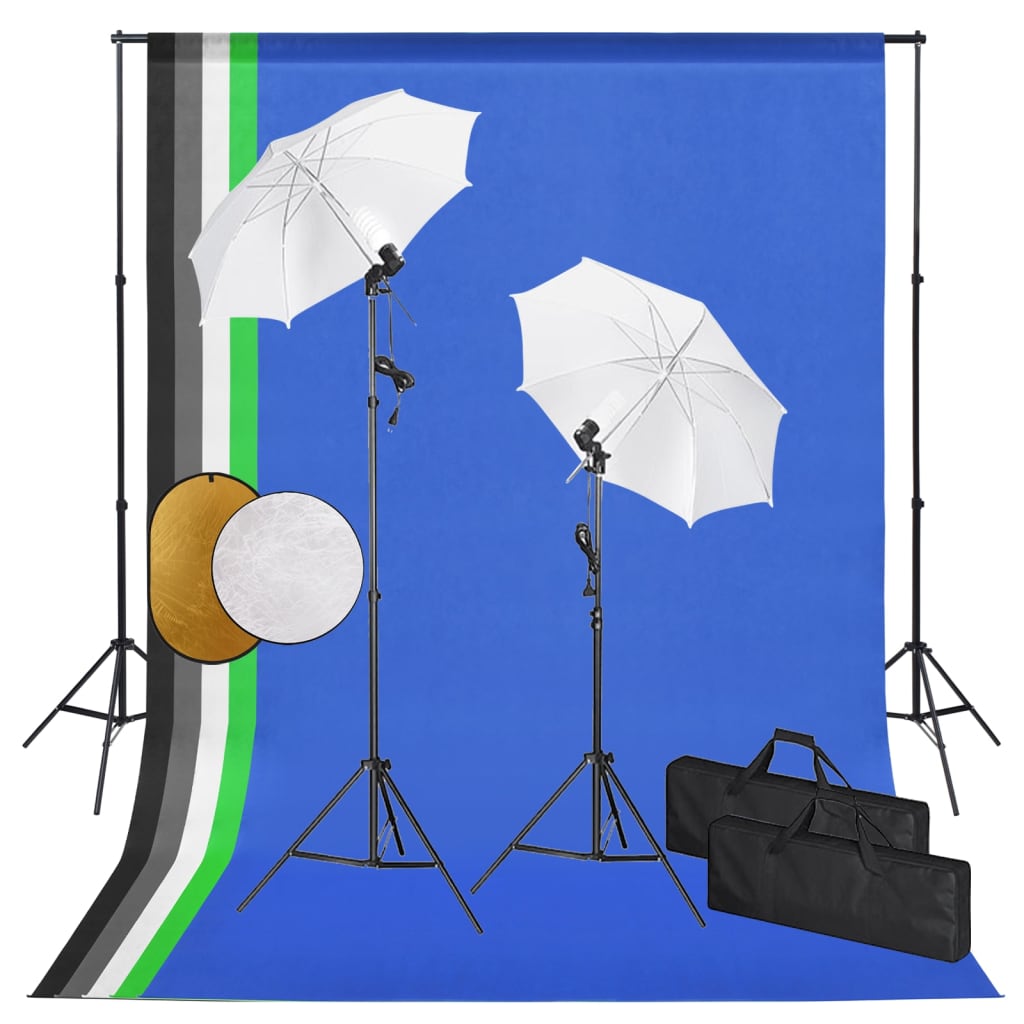 Fotostudio-Set mit Leuchten, Schirmen, Hintergrund, Reflektor Fotostudio-Set mit Leuchten, Schirmen, Hintergrund, Reflektor
