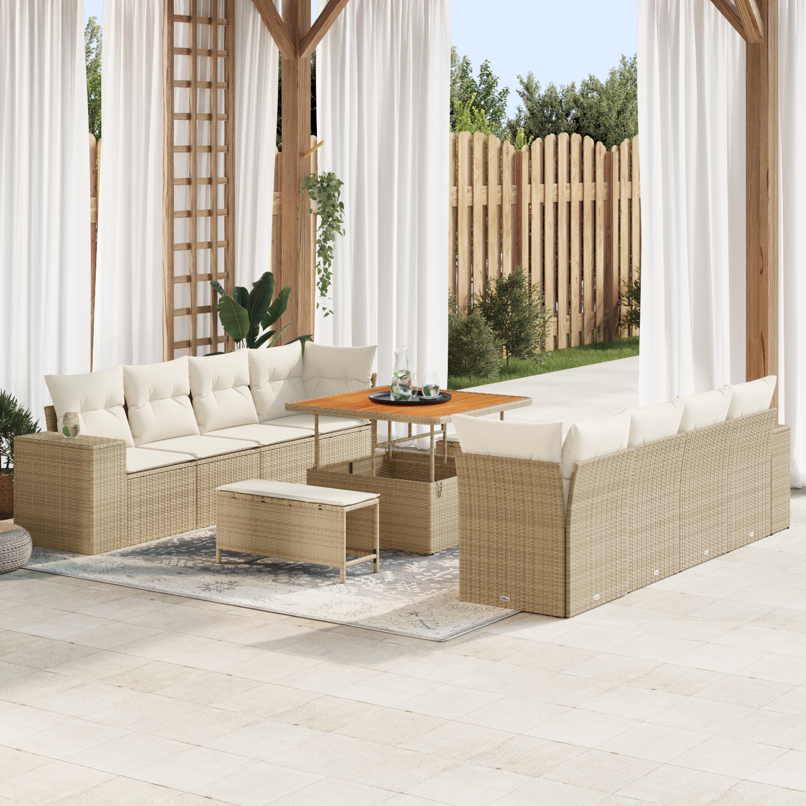 11-teiliges Garten Sofa Set mit Kissen Beige Poly Rattan Akazie 11-teiliges Garten Sofa Set mit Kissen Beige Poly Rattan Akazie