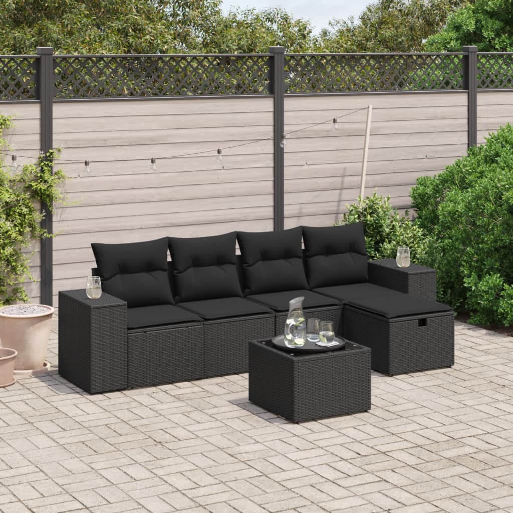6-tlg. Garten-Sofagarnitur mit Kissen Schwarz Poly Rattan 6-tlg. Garten-Sofagarnitur mit Kissen Schwarz Poly Rattan