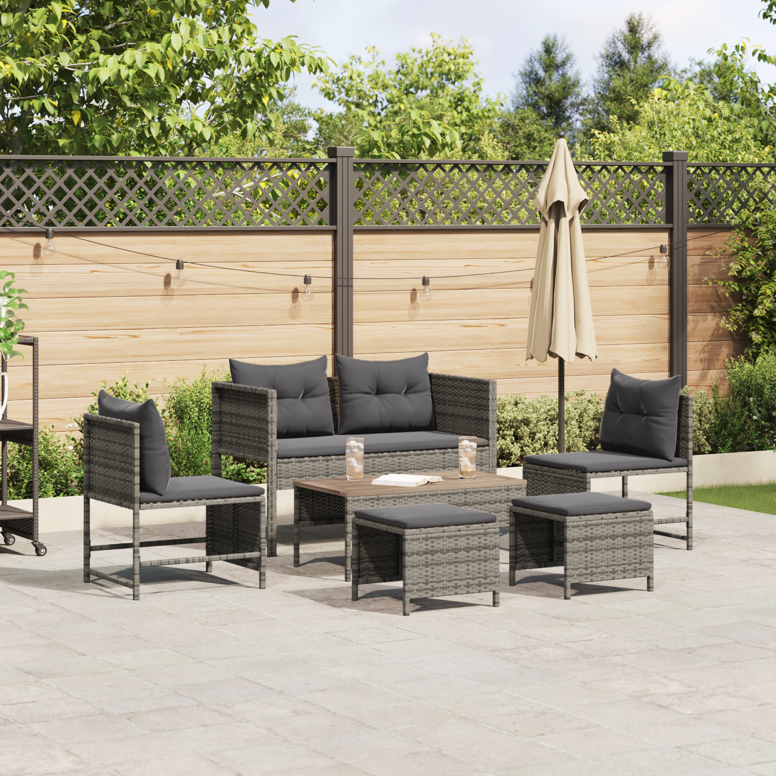 Outdoor-Sofa-Set Grau und Dunkelgrau Rattan, gehärtetes Glas Mittel Outdoor-Sofa-Set Grau und Dunkelgrau Rattan, gehärtetes Glas Mittel