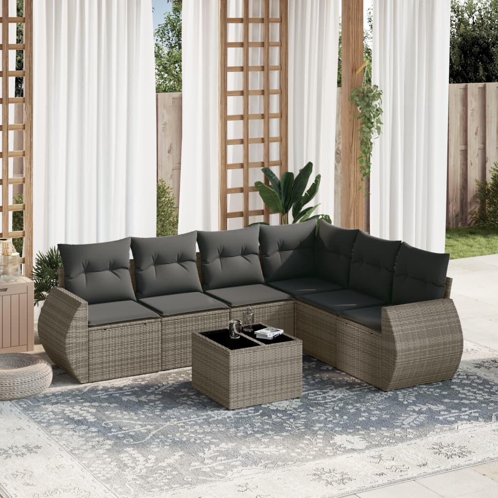 7-tlg. Garten-Sofagarnitur mit Kissen Grau Poly Rattan 7-tlg. Garten-Sofagarnitur mit Kissen Grau Poly Rattan