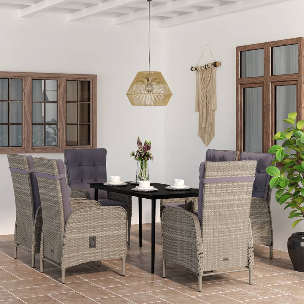 7-tlg. Garten-Essgruppe mit Kissen Grau und Schwarz 7-tlg. Garten-Essgruppe mit Kissen Grau und Schwarz