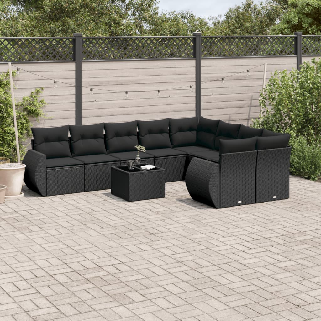 10-tlg. Garten-Sofagarnitur mit Kissen Schwarz Poly Rattan 10-tlg. Garten-Sofagarnitur mit Kissen Schwarz Poly Rattan