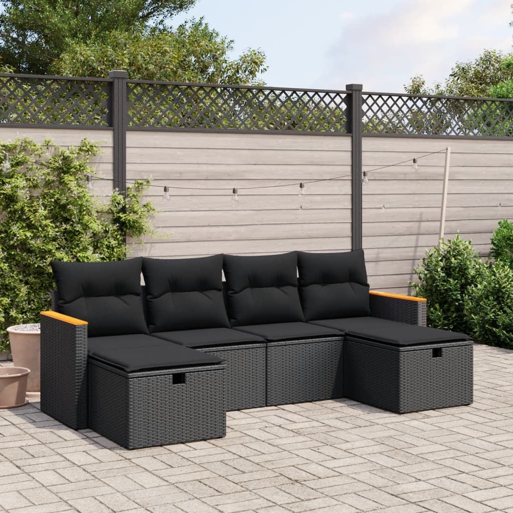 6-tlg. Garten-Sofagarnitur mit Kissen Schwarz Poly Rattan 6-tlg. Garten-Sofagarnitur mit Kissen Schwarz Poly Rattan