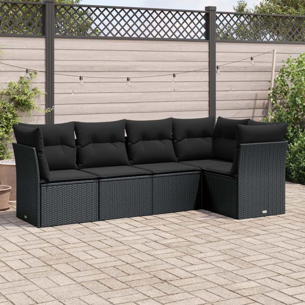 5-tlg. Garten-Sofagarnitur mit Kissen Schwarz Poly Rattan 5-tlg. Garten-Sofagarnitur mit Kissen Schwarz Poly Rattan