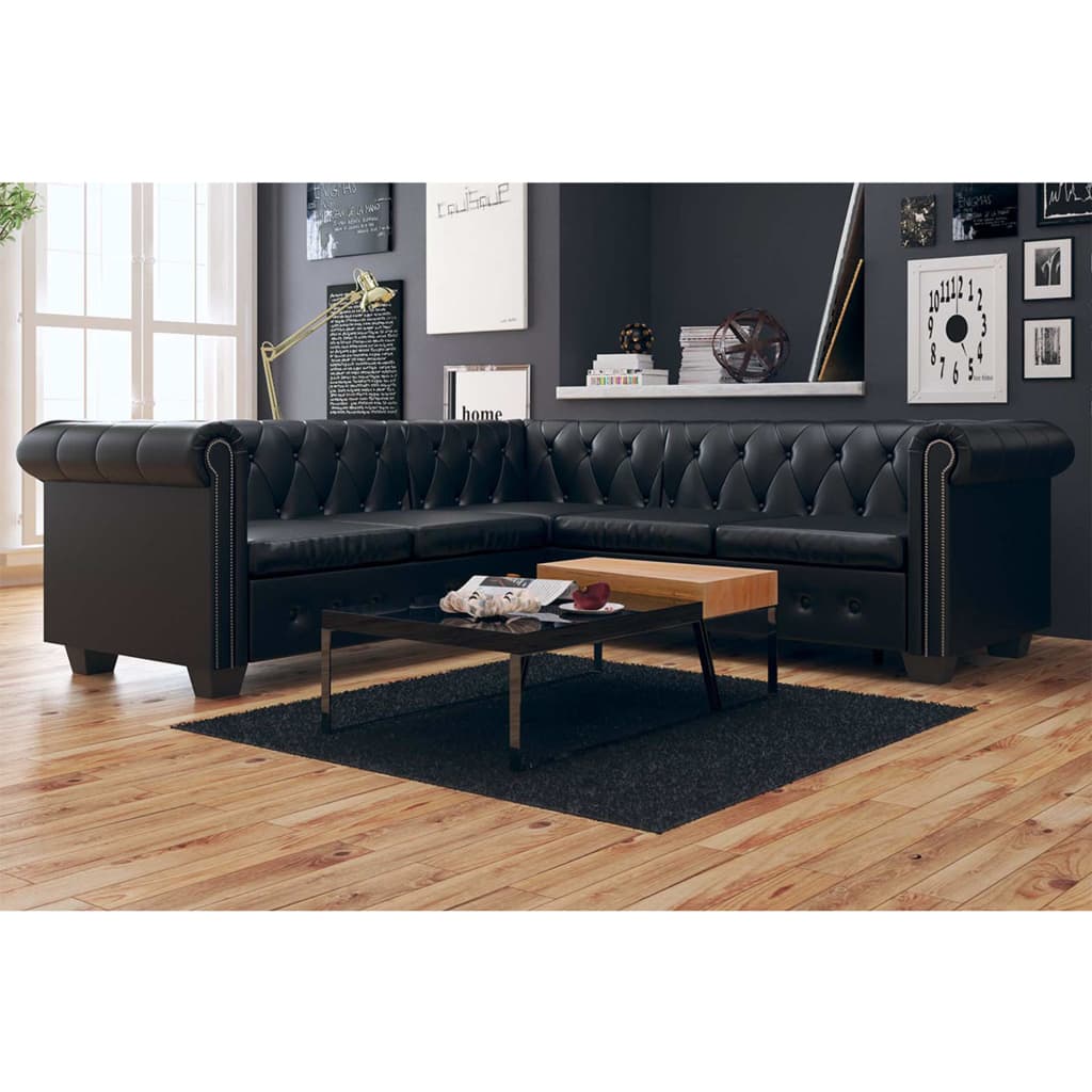 Chesterfield-Ecksofa 5-Sitzer Schwarz Kunstleder Chesterfield-Ecksofa 5-Sitzer Schwarz Kunstleder