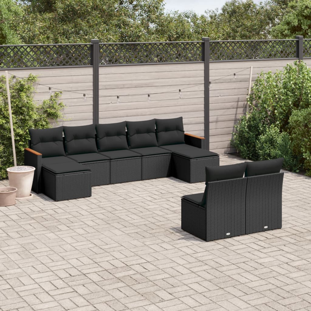 9-tlg. Garten-Sofagarnitur mit Kissen Schwarz Poly Rattan 9-tlg. Garten-Sofagarnitur mit Kissen Schwarz Poly Rattan