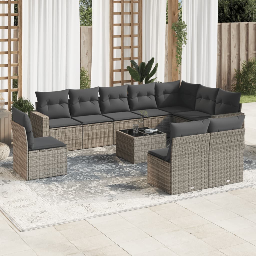 11-tlg. Garten-Sofagarnitur mit Kissen Grau Poly Rattan 11-tlg. Garten-Sofagarnitur mit Kissen Grau Poly Rattan